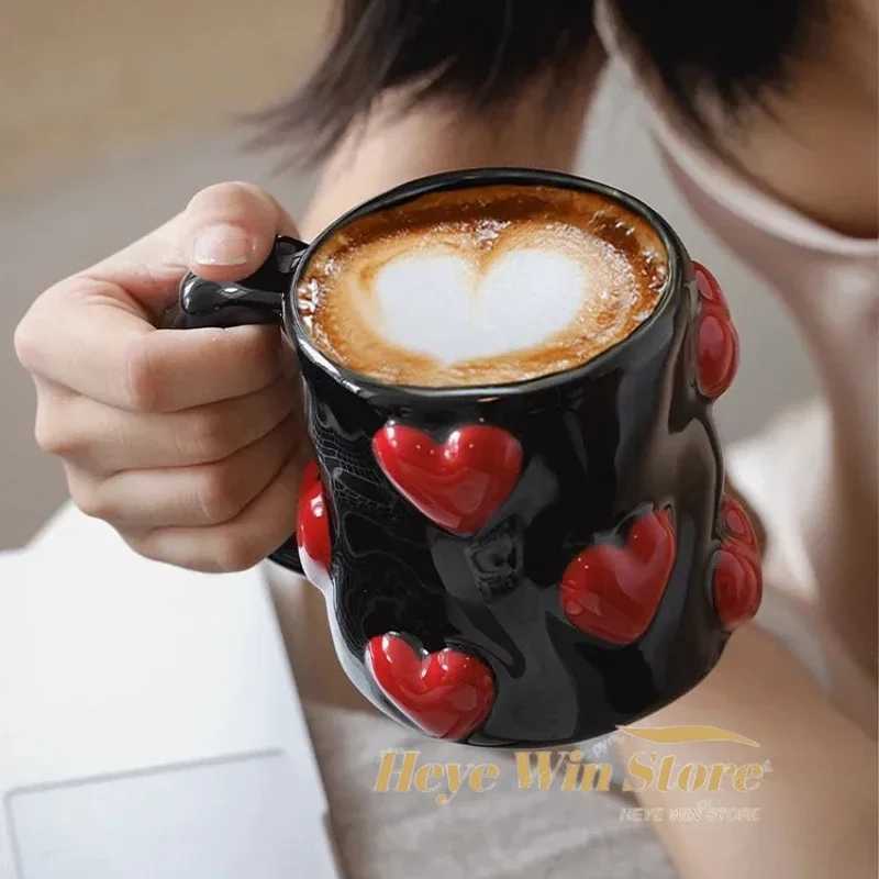 3D Heart-shaped Design Vintage Ceramic Mug Cute Large Capacity 3D Embossed Coffee Cup Kitchen Drinkware Set Y251125