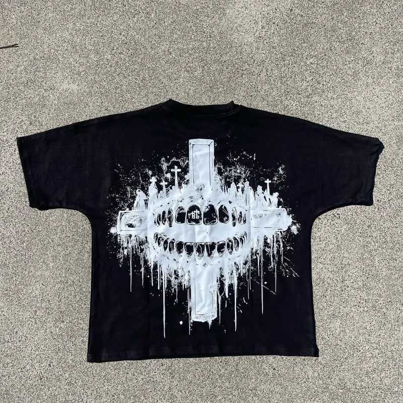 Summer casual loose anime printed short sleeved T-shirt for men Y2k Gothic Harajuku retro casual pure cotton round neck top women W250425