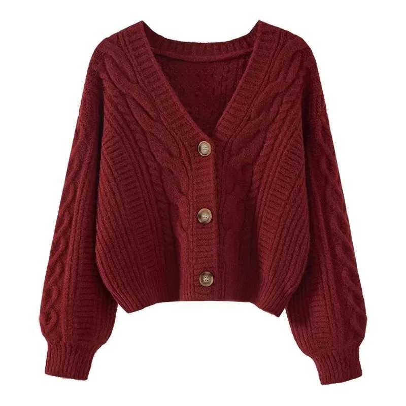 Simple Loose V-neck Retro Fried Dough Twists Casual Womens Knitting Cardigan Autumn and Winter Korean Solid Short Sweater CoatT251125