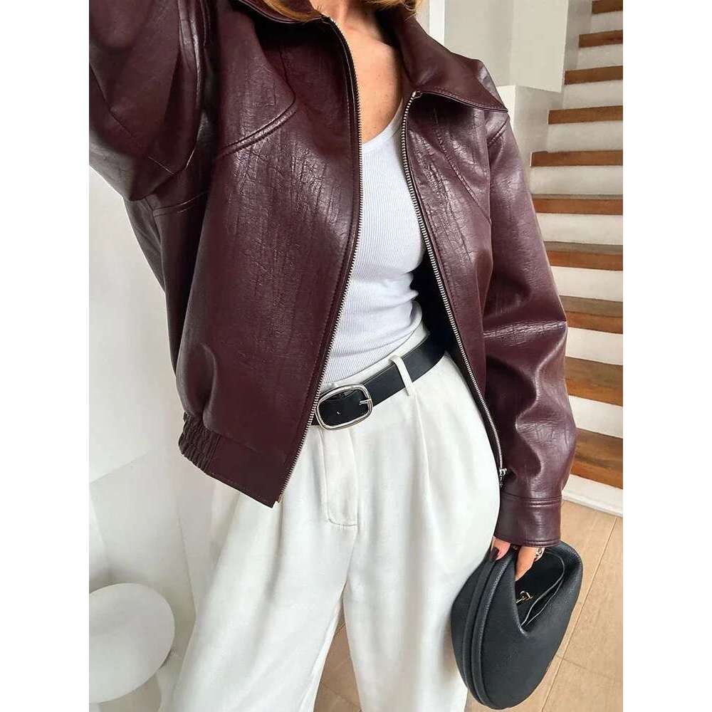 Faux Leather Short Jacket For Women Zipper Long Sleeve Lapel Moto Biker Street Coats Female 2024 New Chic Outwear Top