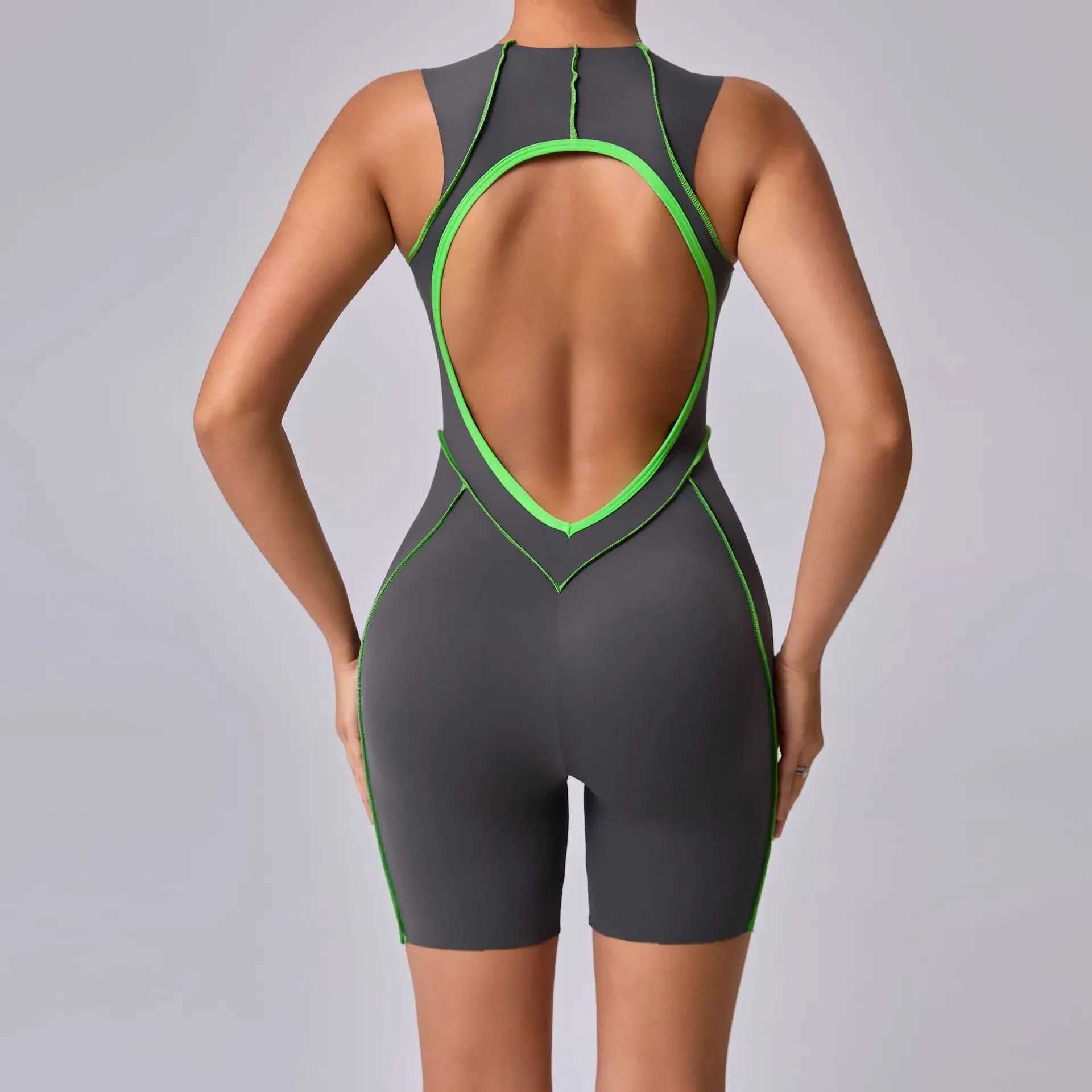 Seamless yoga jumpsuit fitness Hip lifting Line contrasting colors tight fitting Onesie backless one-piece yoga setC250425