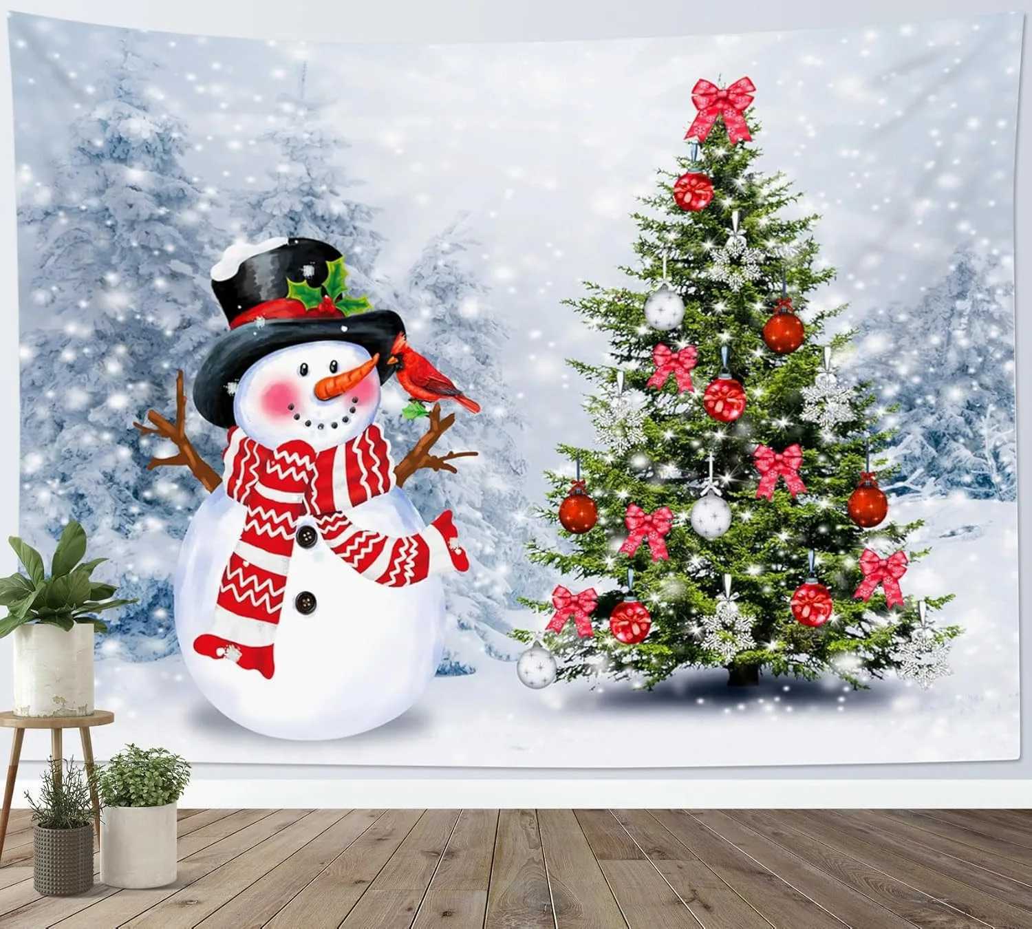 1pcs Christmas Snowman Print Tapestry Multi Size Living Room Wall Background Fabric Decoration Machine Washable Space PendantM251125