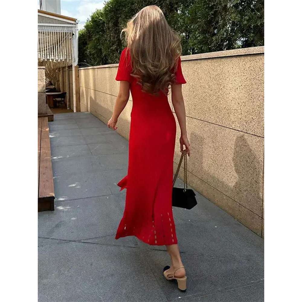V-Neck Knit Contrast Long Women Hollow Out Lapel Fashion High Waist Elegant Party Knitwear Ladies Maxi Dress