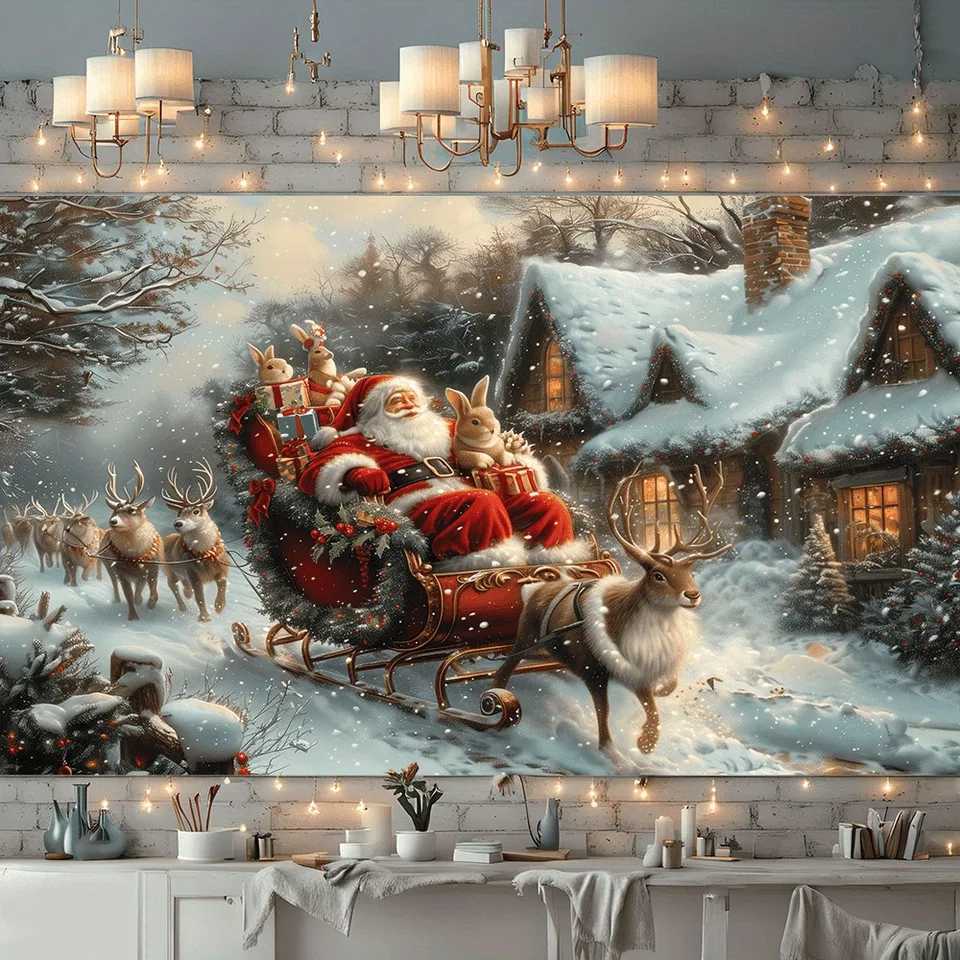 1pcs Santa Claus Sleigh Tapestry for Snow Town Scenery Wall Hanging in Living Room and Bedroom Holiday Party DecorationM251125