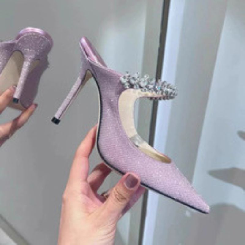 Women's Glitter Pink Pointed Toe Mule High Heels, Rhinestone Strap Elegant Evening Party Dress Shoes---168-1