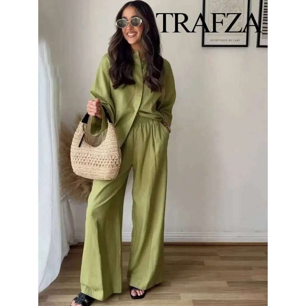 TRAFZA 2024 Women 2 Piece Set Elastic Waist Pocket Folds Decorate Wide Leg Pants+Solid Single-Breasted Slit Hem Blouse Top
