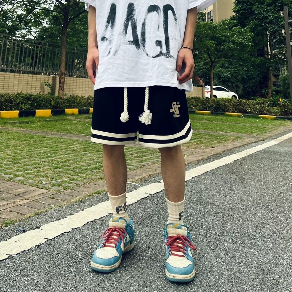 American new metal wire beach shorts men's summer sports versatile straight leg casual five quarter pants