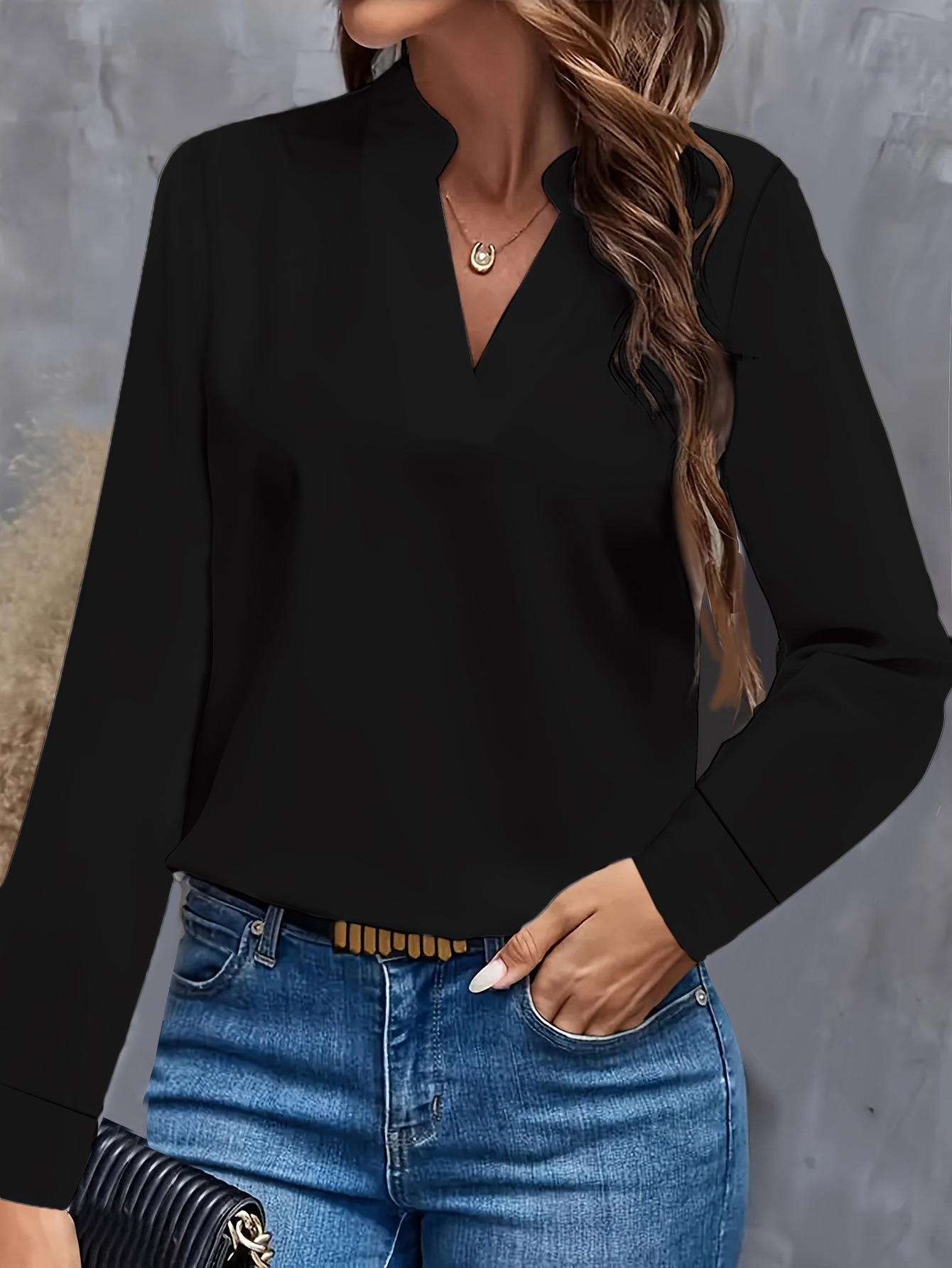 2024 autumn simple casual solid color V-neck loose shirt top for women