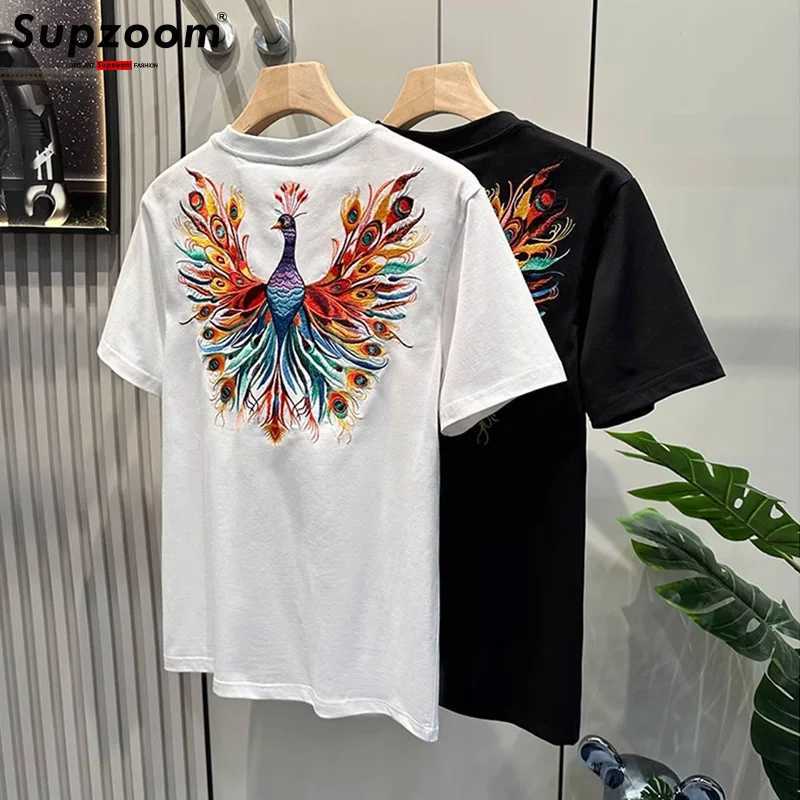 Supzoom New Arrives Summer High Street Peacock Embroidered Neutral O-Neck Casual Heavy Pattern Cotton Loose Mens T-shirt W250425