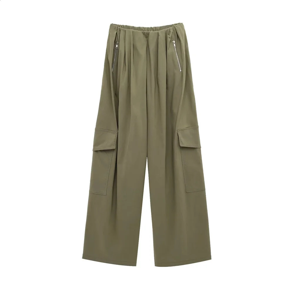 PB ZA 2025 Womens Fashion Olive Green Set Denim Neck Asymmetric Zipper Jacket Elastic Waist Wide Leg Cargo Pants 250414Z