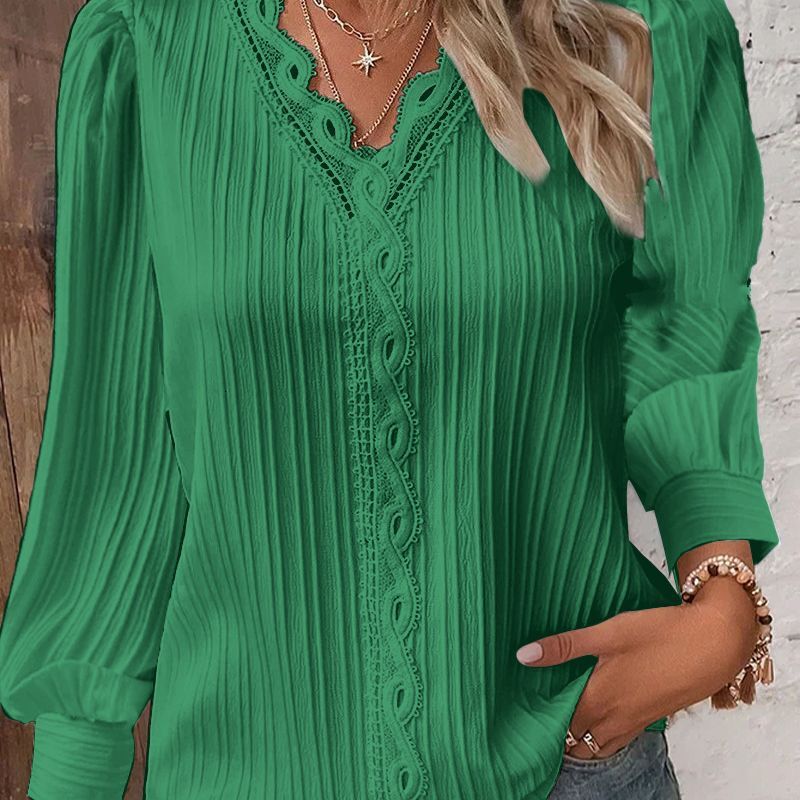 2023 Autumn Long sleeved V-neck Lace Panel Shirt Womens Shirt