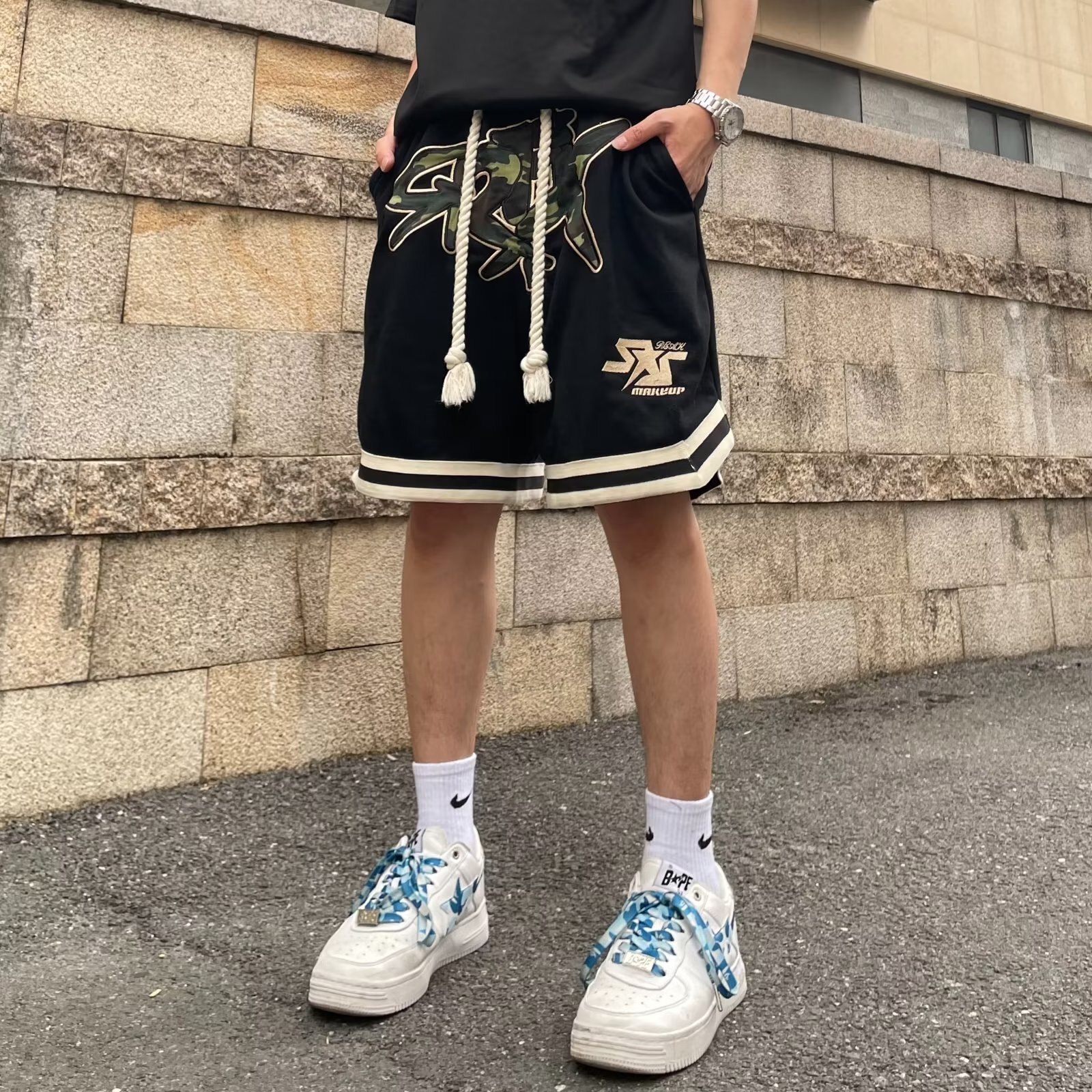 China-Chic Brand American High Street Embroidered Sports Shorts Men's Summer 2025 New Casual Capris Basketball Wide Leg Pants