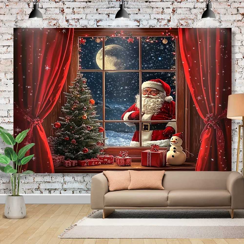 Festive Santa Claus and Snowman Christmas Tapestry - Polyester Holiday Wall Decor for Winter Wonderland ThemeM251125