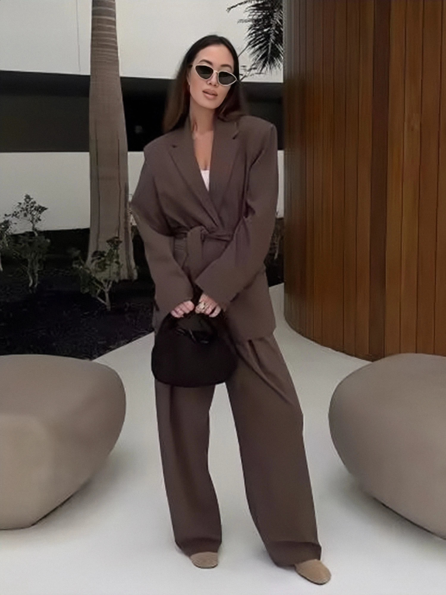 PB ZA 2025 Womens Brown Set with Belt Jacket and High Waist Wide Leg Mens Style Unique Appearance 250414Z