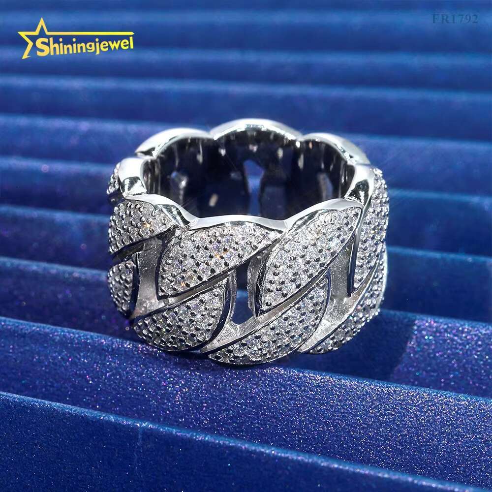 Hot Selling Iced Out Three Rows Moon Shape Cuban Ring Hip Hop Silver 925 Moissanite Men Rings