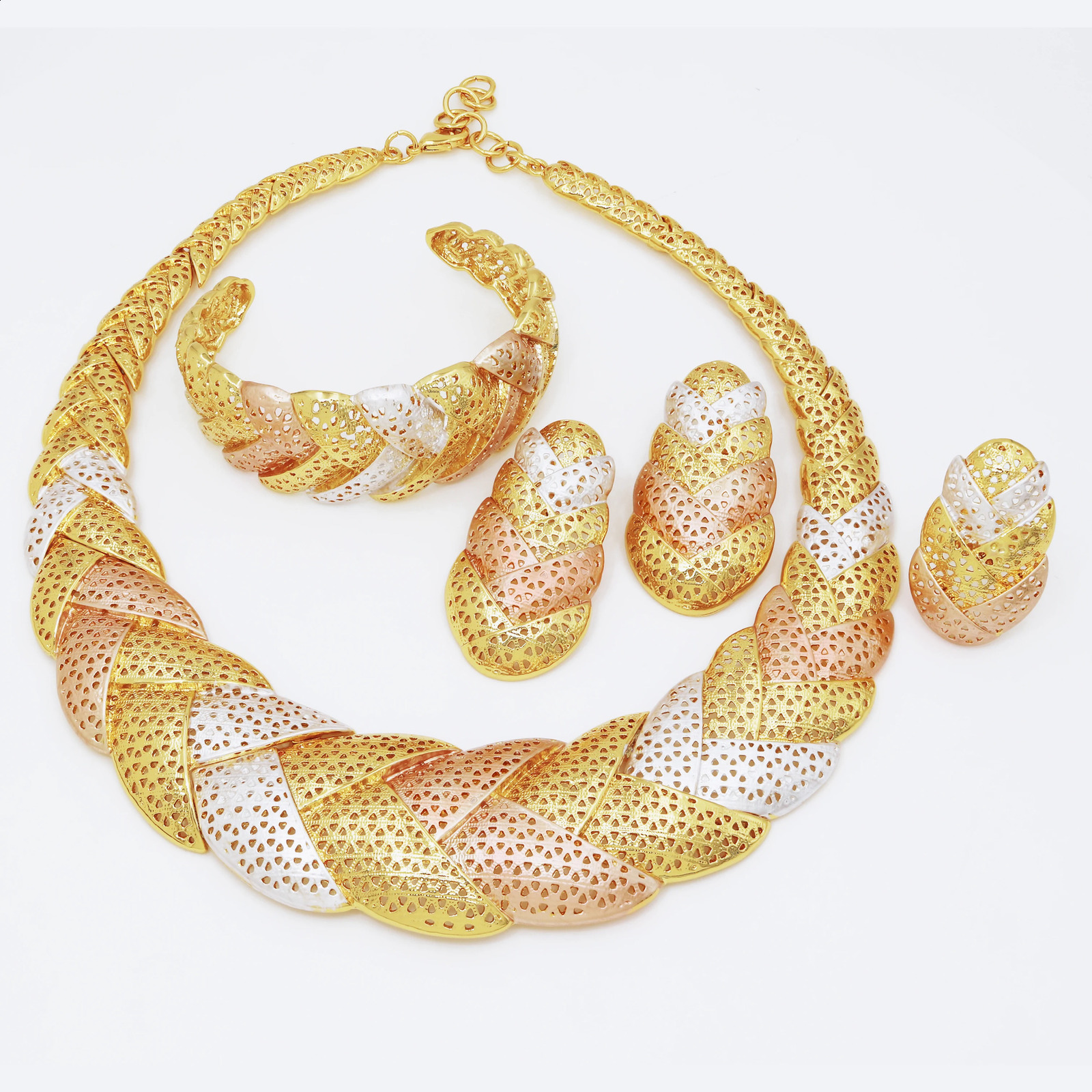 Italy 18k Gold Plated Women Jewelry Set Classic Two Tone Round Necklace Earrings Bangle And Ring Full Set Jewelry 250417