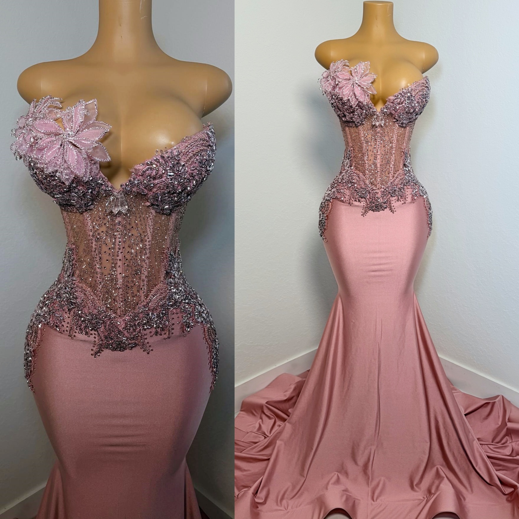 Blush Pink Mermaid Plus Size Prom Dresses 2025 Crystals Florals Satin Evening Formal Party Second Birthday Engagement Gowns Dress For Special Occasion