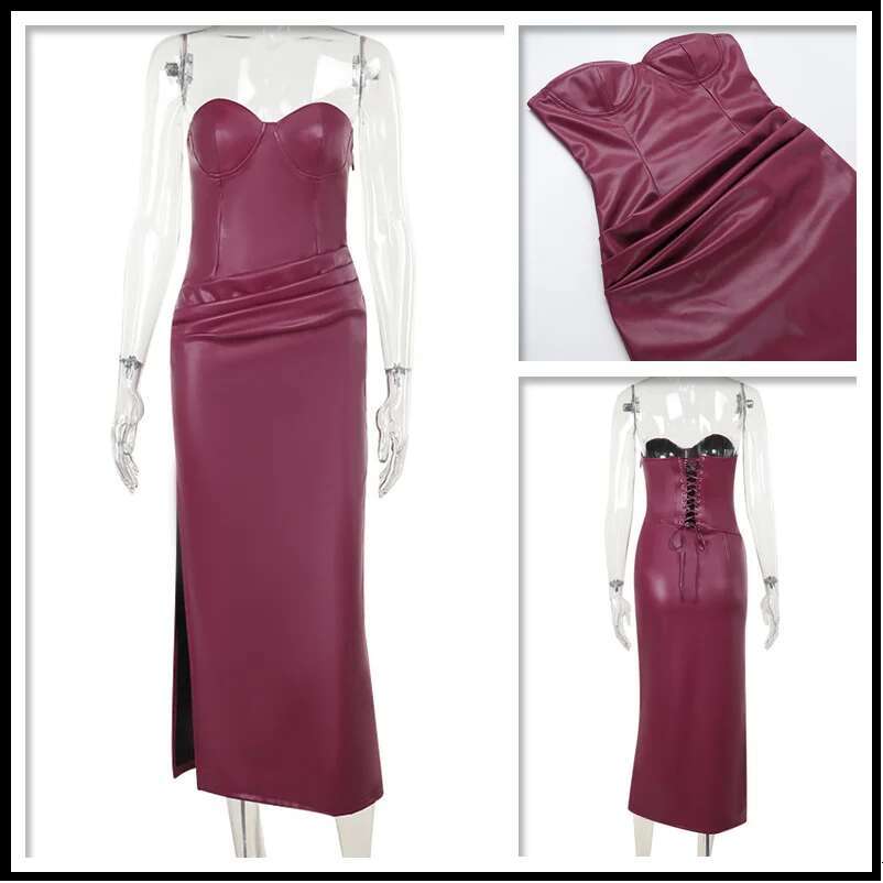 Dongdumaoyi Townlike PU Leather Pleated Slim Bodycon Dress Women Strapless Summer Midi Long Backless Sexy Party Dresses