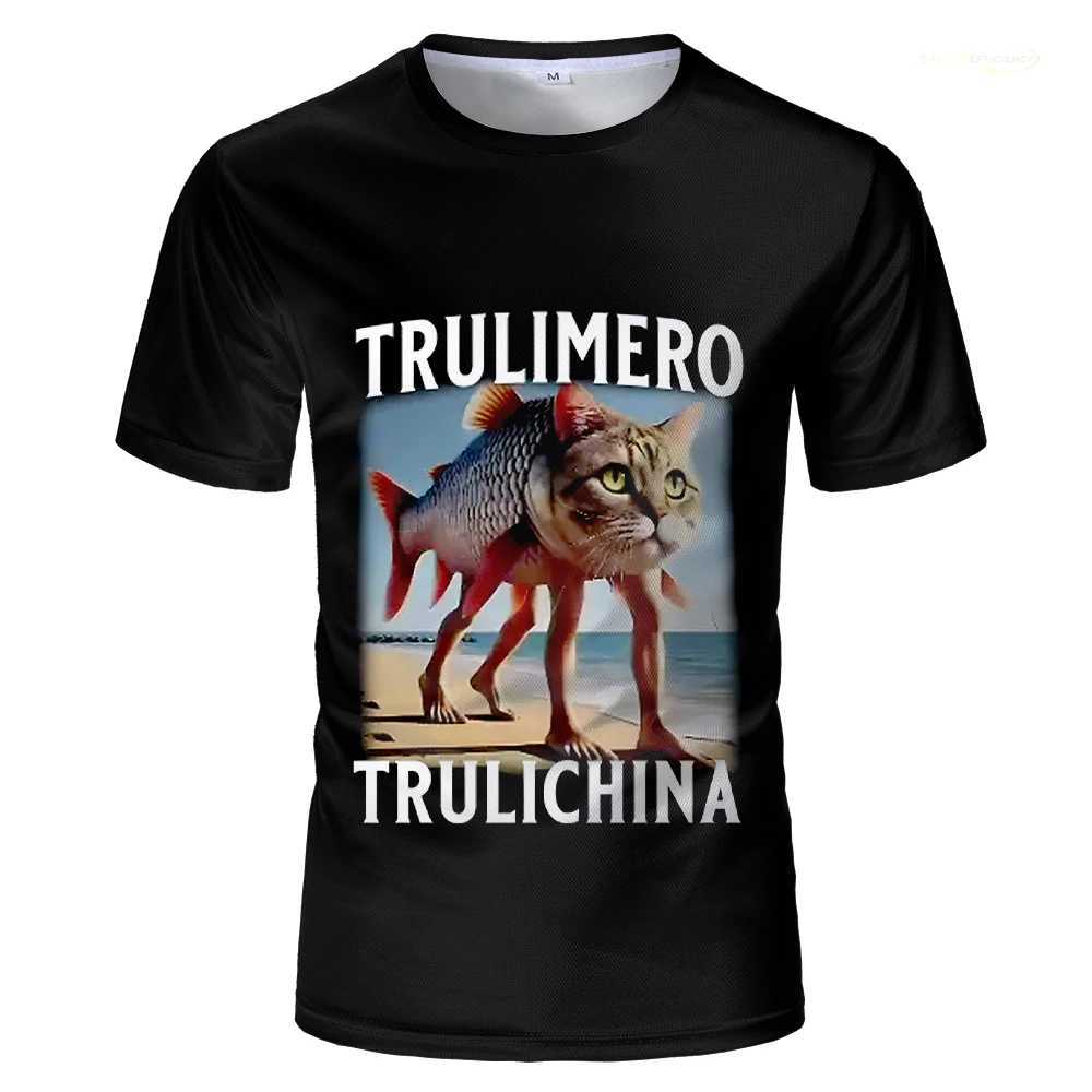 AI Brainrot animal graphic T-shirt Bombardiro crocodile print fun and humorous mens T-shirt womens loose top childrens clothing W250425
