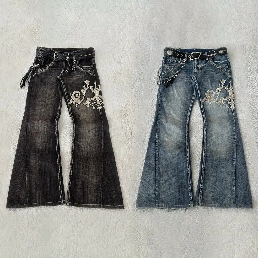 Y2K American Retro Embroidered Pattern Womens Trumpet Jeans Street Fashion Gothic Slim Mop Pants Womens Jeans 250422
