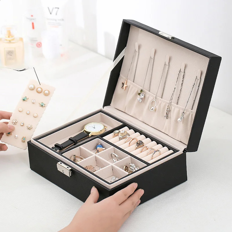 Double-layer Wooden Jewlery Box Ring Box Jewelry Boxes and Packaging with PU Leather Jewelry Storage Organizer and Makeup Case 250424