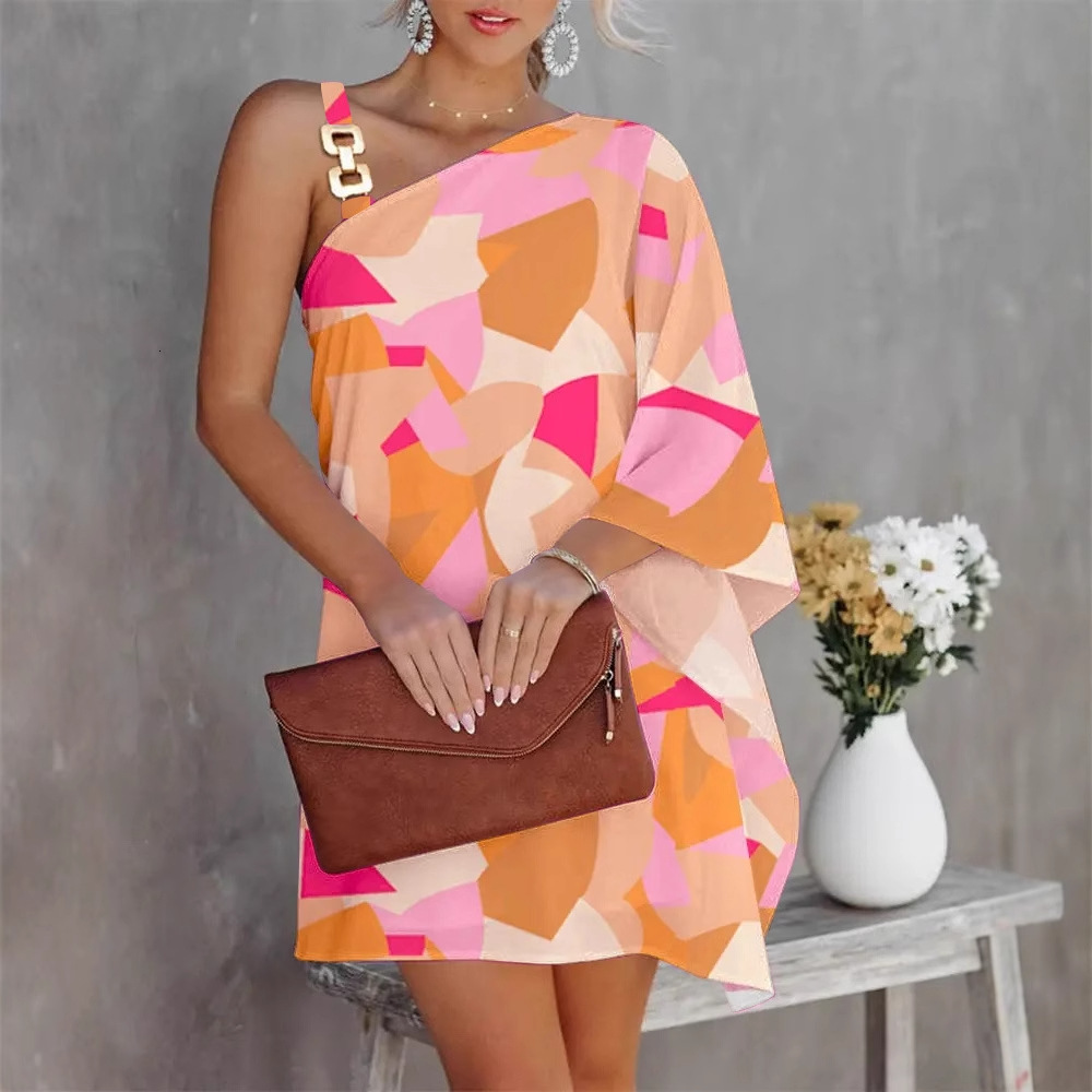 2022 summer bat sleeve off shoulder metal suspender womens dress