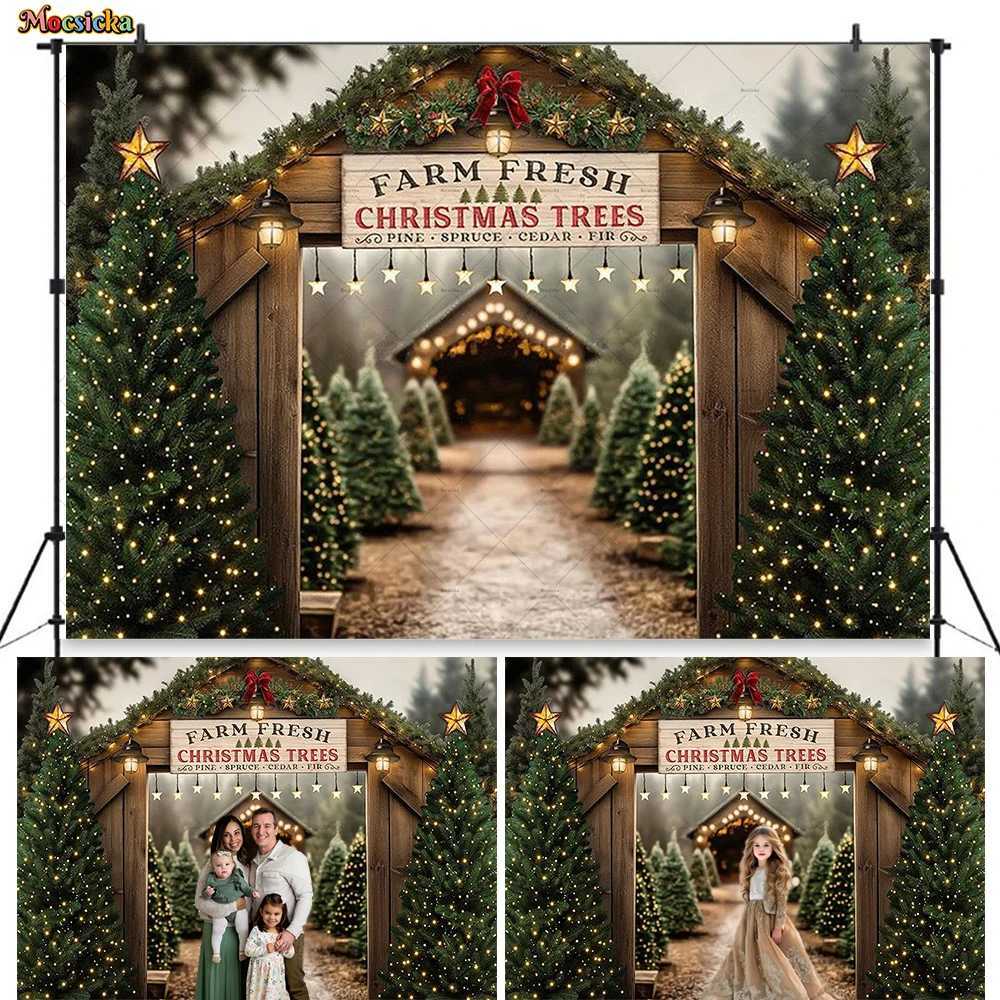 Mocsicka Christmas Tree Farm Background Photography Glitter Star Green Pine Wooden Door Backdrop Winter Family Kids Photo StudioM251125