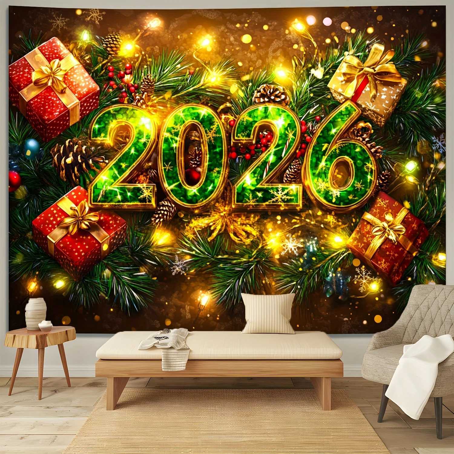 2026 New Year Tapestry Christmas Tree Decor Wall Hanging Golden Numbers Gift Boxes Art Holiday Lights Festival ThemeM251125