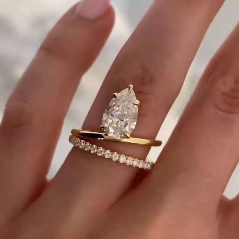 Fine Jewelry 1CT Pear with halo Moissanite Diamonds Wedding Ring and Band 18K White Gold Moissanite Rings Set