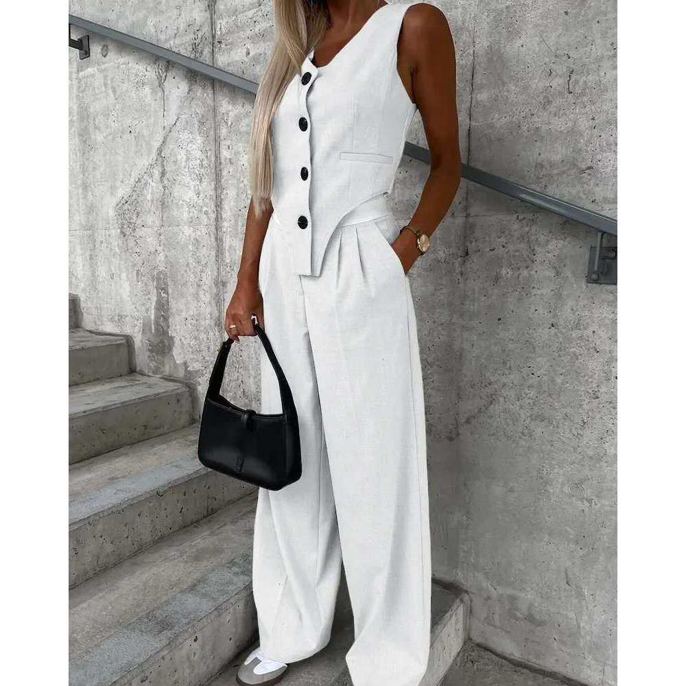 Summer Autumn Two Piece Women 2025 Fashion Sleeveless Striped Vest Blazer Top And Ruched Wide Pants Set For Office Suit