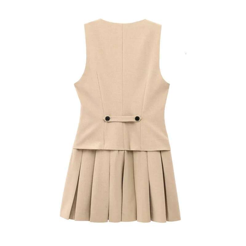 Designer Clothes Woman's Summer Sexy Chic Pleated Dress Grey Stripe V-Neck Sleeveless Pockets Single Breasted Female Fashion Slim Dresses