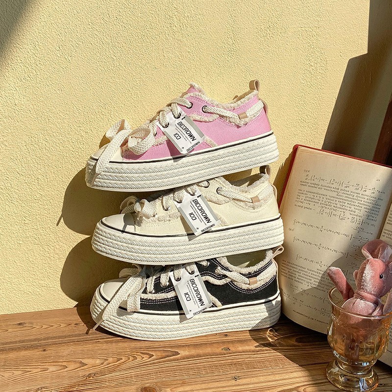 Baikuang 2022 New Autumn Small Fragrance Style Canvas Shoes for Women Low-top Korean Version Versatile Thick-soled Height-increasing White Shoes Trend