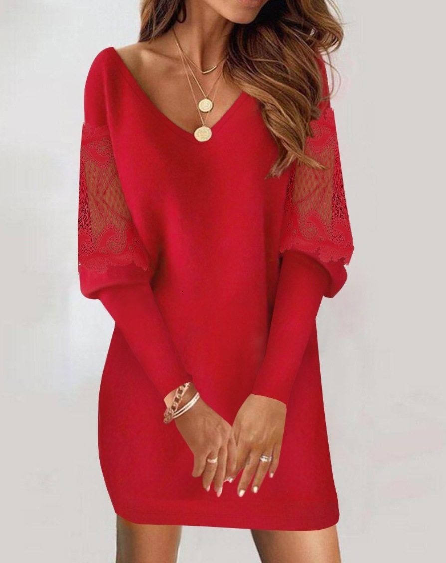 2023 autumn new V-neck long sleeved printed lace patchwork dress for women