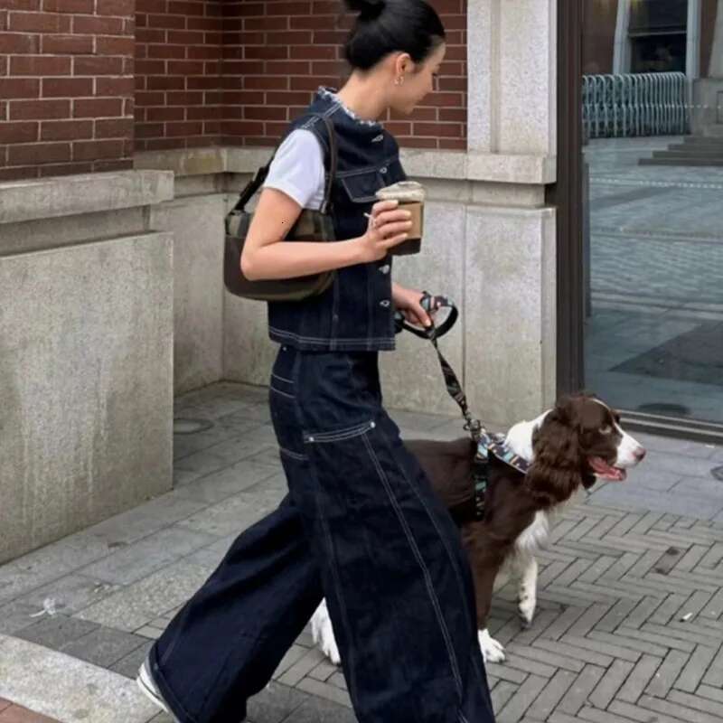 Hong Kong Style Denim Vest Spring New Item Retro Simple Loose Straight Wide Leg Pants Two-Piece Set Trendy