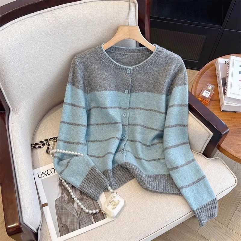 Striped Contrast Button Fashion Cardigan Spring Autumn New Long Sleeve All-match Casual Sweaters Vintage Lazy Women ClothingT251125
