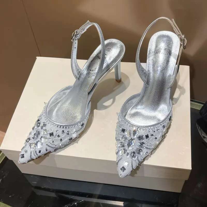 Summer new pointed beaded mesh rhinestone wedding shoes thin high-heeled banquet dress large small size women's sandals