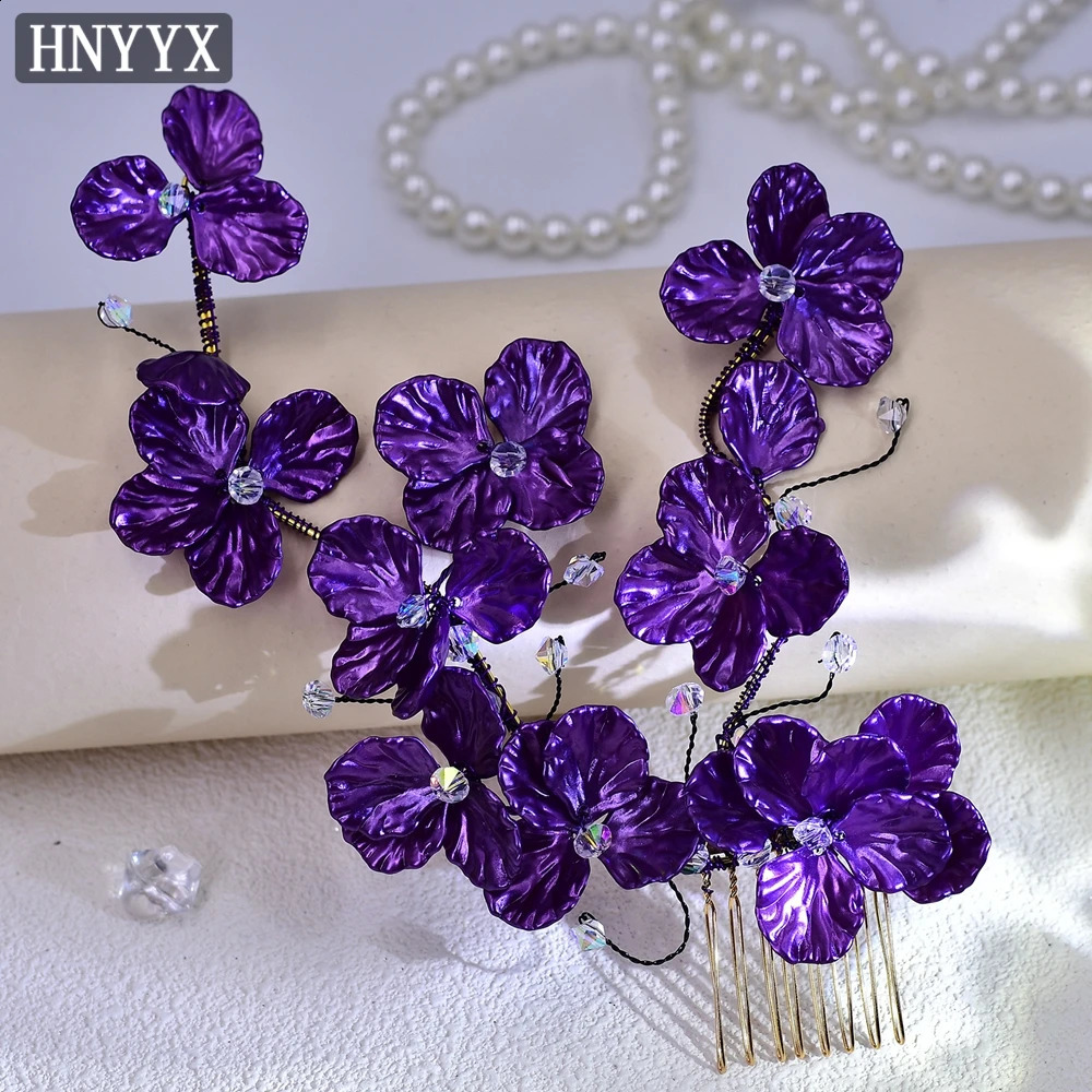 HNYYX Purple Shell Flower Hair Comb Crystal Hairpin Fashion Hair Accessories Wedding Headwear For Brides Hairpieces A114 250420
