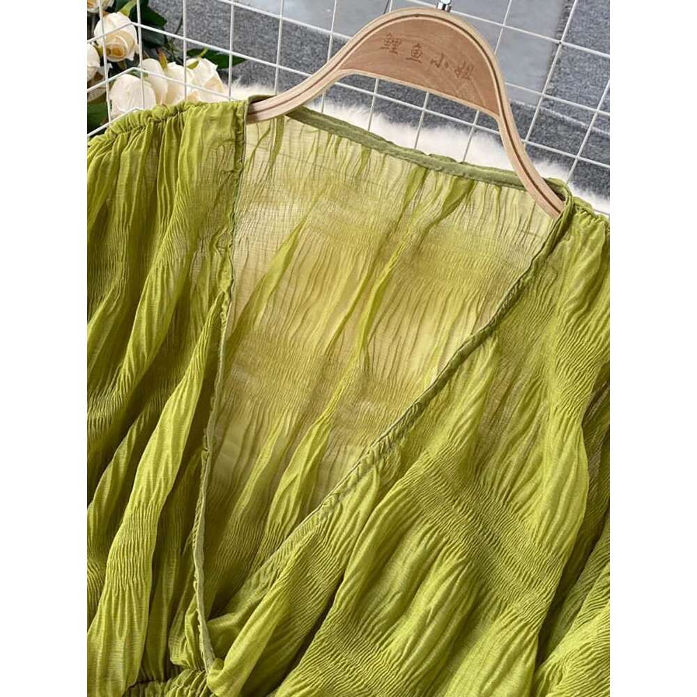 Summer Sexy Draped Chiffon Blouse For Women Elegant V-Neck Puff Long Sleeve Short Tops Female Slim Party Shirts 2022 New Fashion