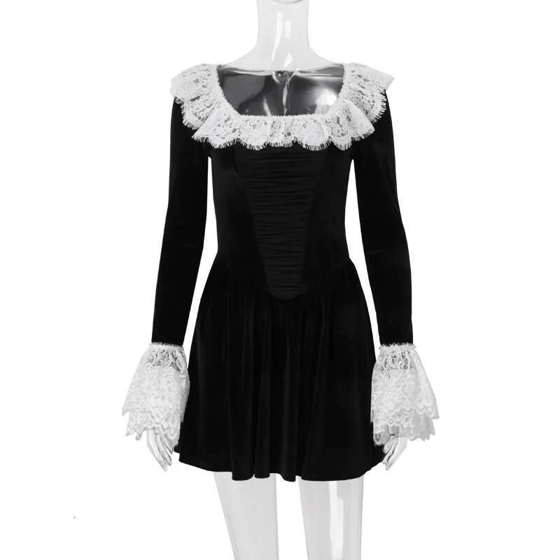 Dongdumaoyi Townlike Lace Patchwork Velvet Waist Wrap A Line Pleated Dress Women Mini Autumn Winter Nightclub Sexy Party Dresses