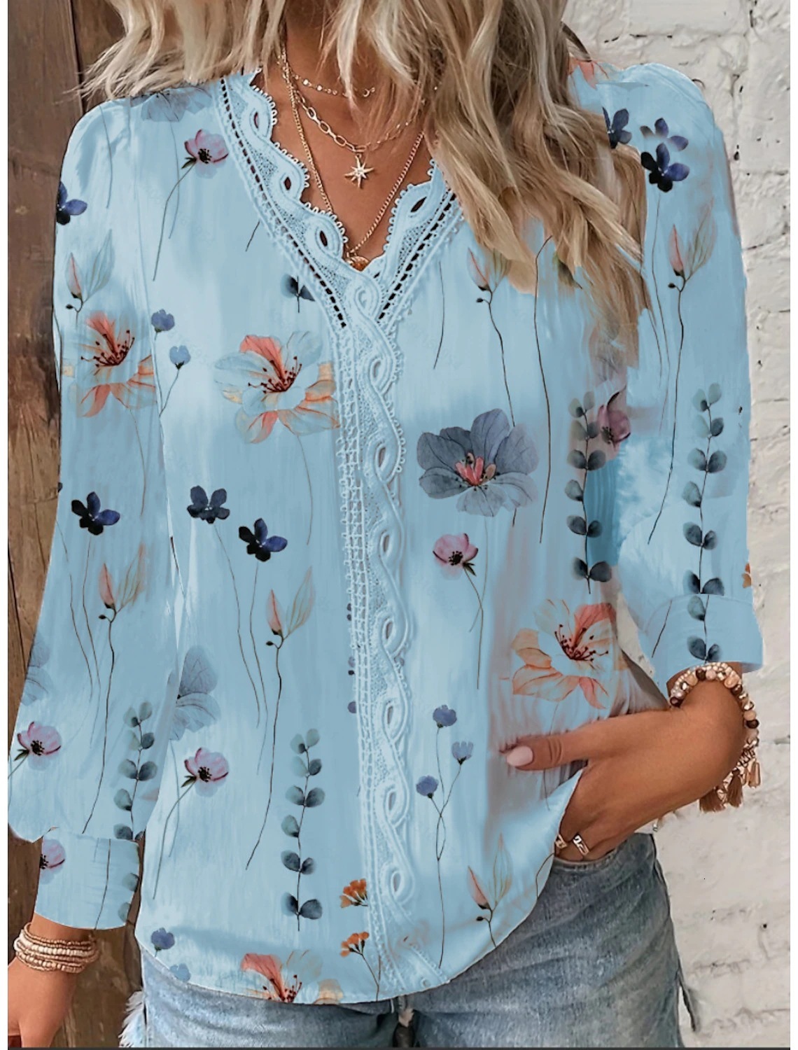 2023 Autumn New Product Long Sleeve V-neck Lace Splicing Shirt for Women