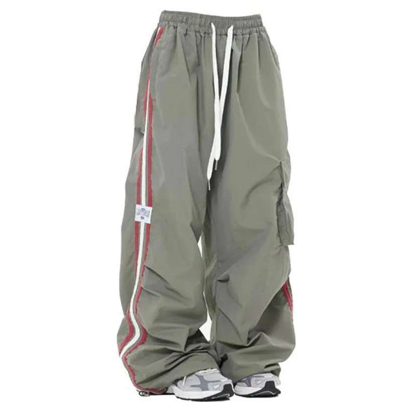 Y2k Kpop Cargo Pant Women Drawstring Pockets Wide Leg Chic Punk Pants Baggy Striped Sports Sweatpants Parachute Jogger Trousers