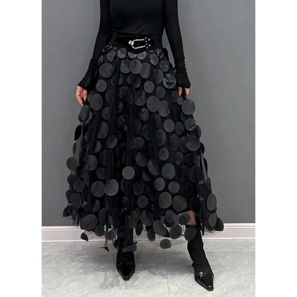Women Polka Dot 3D Design Tulle Mesh Vintage Elastic Waist Long A-Line Tutu Skirt