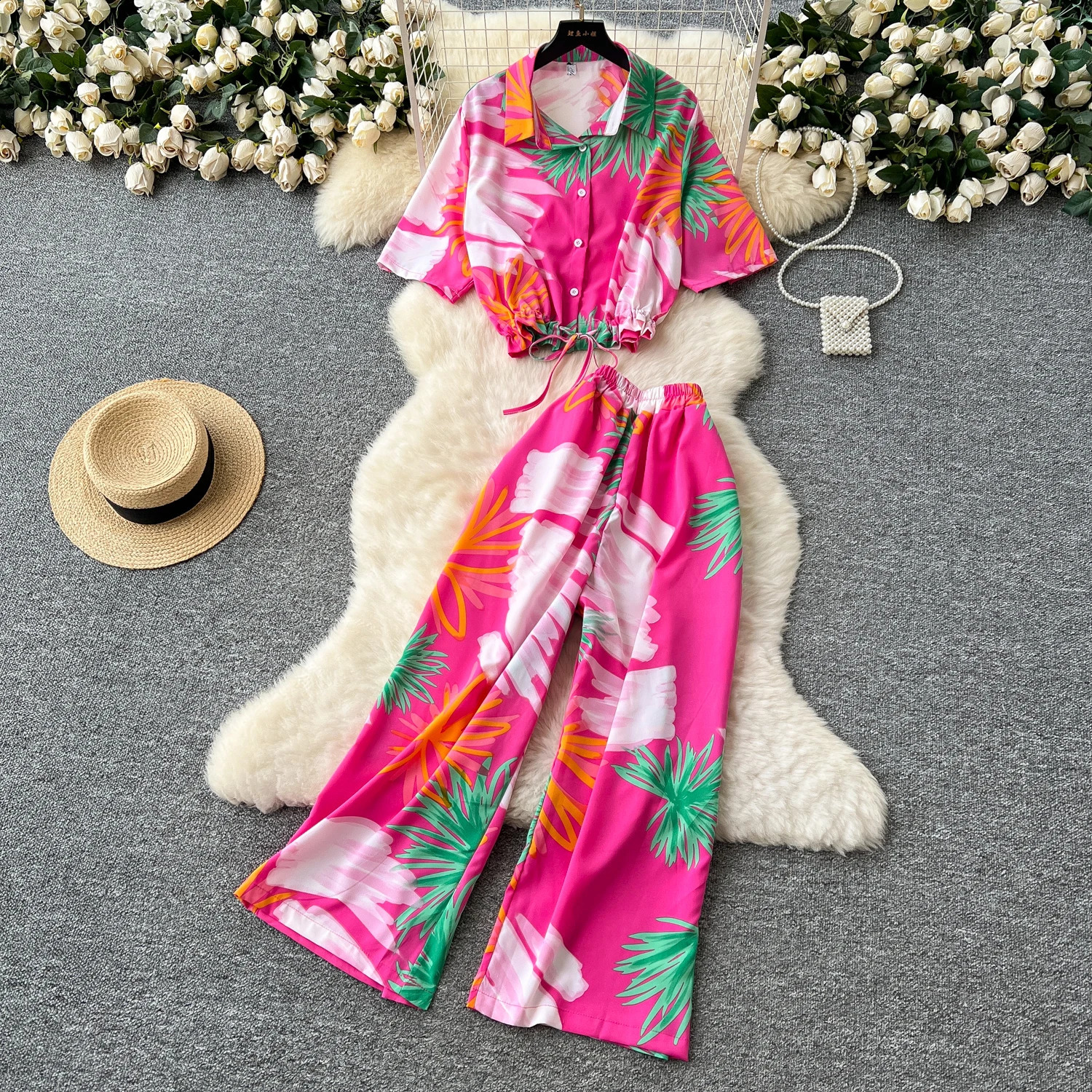 Summer Fashion Printed Set Womens Loose Short Sleeve Top Elastic Waist Wide Leg Cutting Pants Womens Elegant Two Piece Set 250414Z