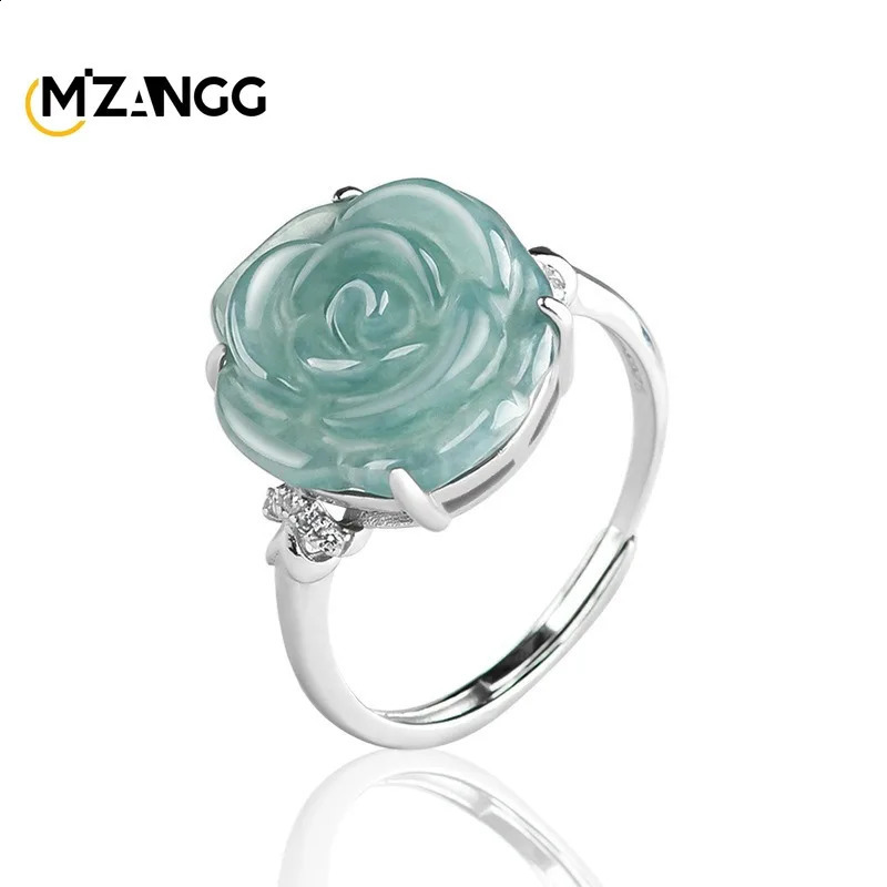 S925 Silver Set Myanmar Jadeite Blue Water Rose Ring Ice Jade Adjustable Female Ring Fashion Fine Jewelry Wedding Party Gift 250425
