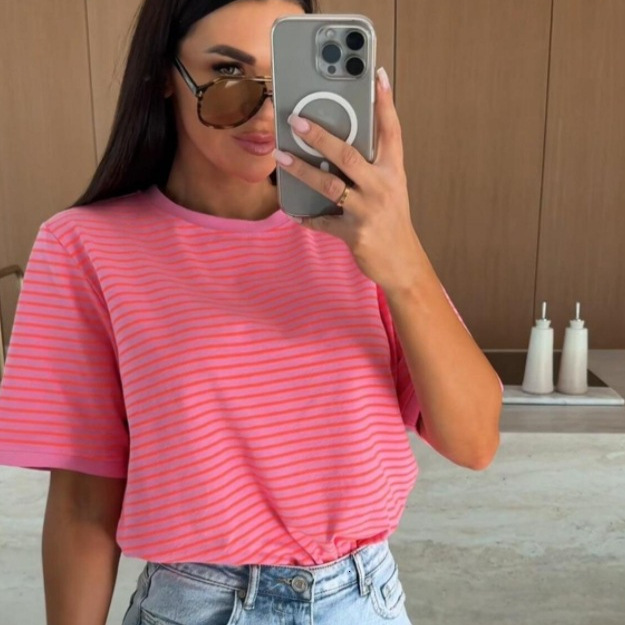 2025 Summer Casual Striped Round Neck Loose Color blocked Short Sleeve Womens T-shirt