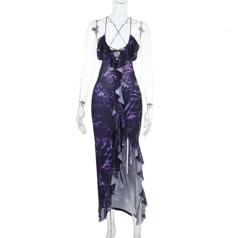 Dongdumaoyi Townlike Ruffles Print Midi Long Dress Women Spaghetti Strap Spring Summer Backless Nightclub Sexy Party Dresses