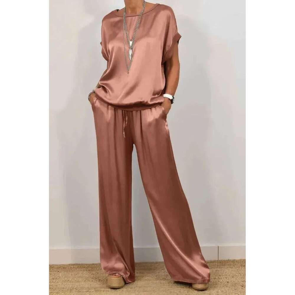 Spring Summer Fashion Smooth Satin Two Piece Sets Women's Outfits New O-Neck Short Sleeve Top Wide Leg Pant Casual Loose Suits