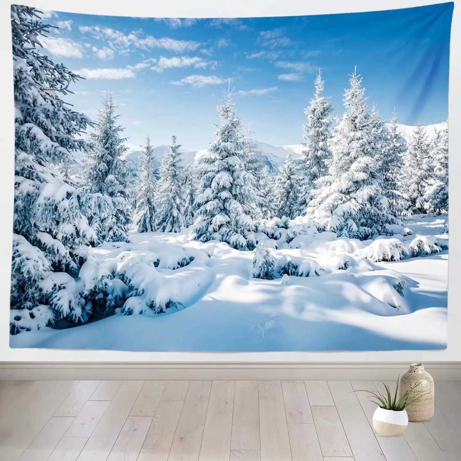 Winter Wonderland Tapestry Snowy Pine Forest Print For Bedroom Wall Decor Flat Print DesignM251125