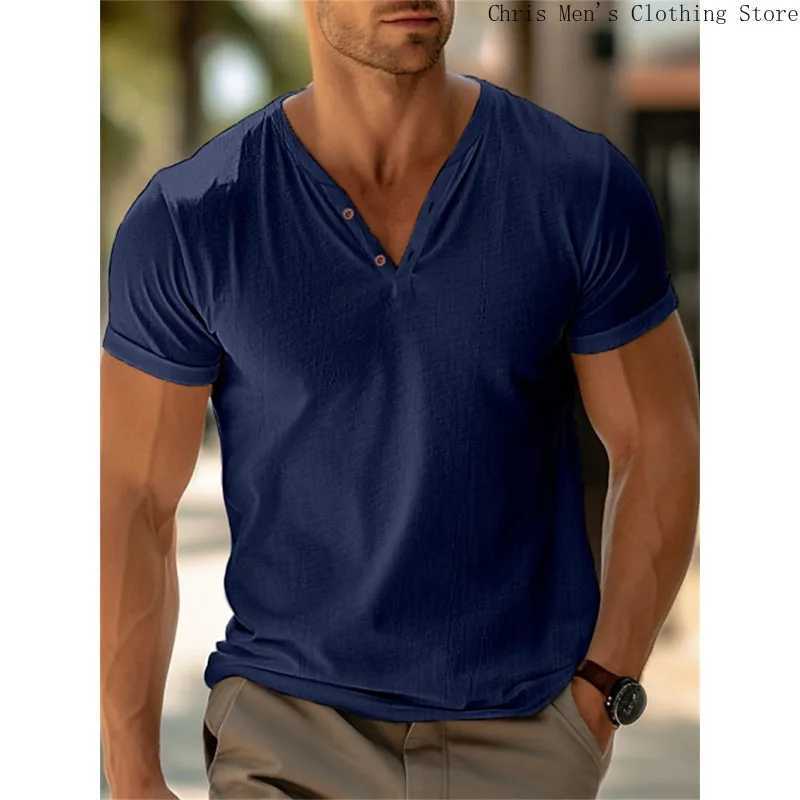 Beach holiday casual mens Pullover T-shirt top summer fashion simple solid color mens V-neck T-shirt soft fitness sports top W250425