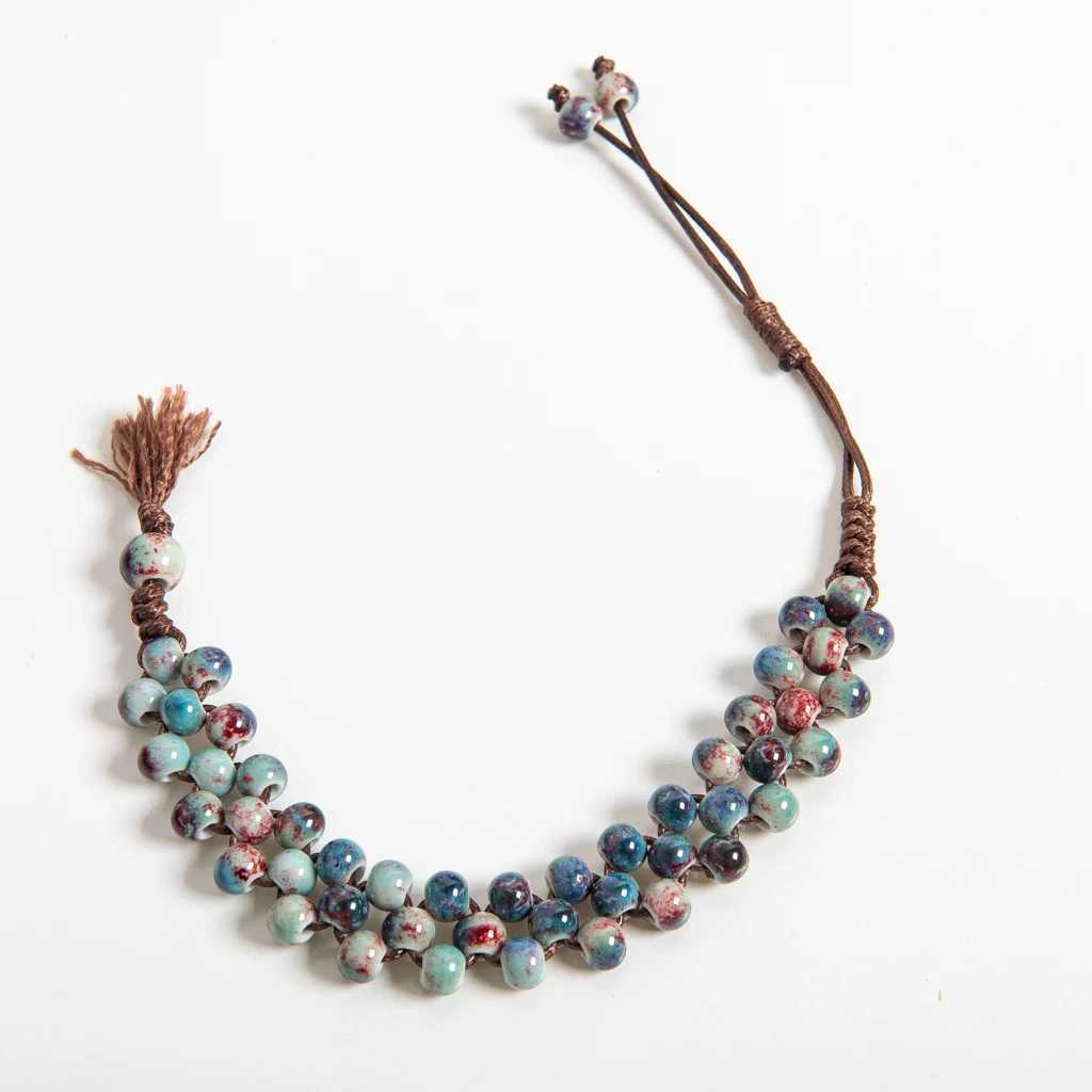 Handmade Wine Red Ceramic Beaded Bracelet with Tassel Adjustable Wide Braided Rope Vintage Chinese Style S03-119 J251125